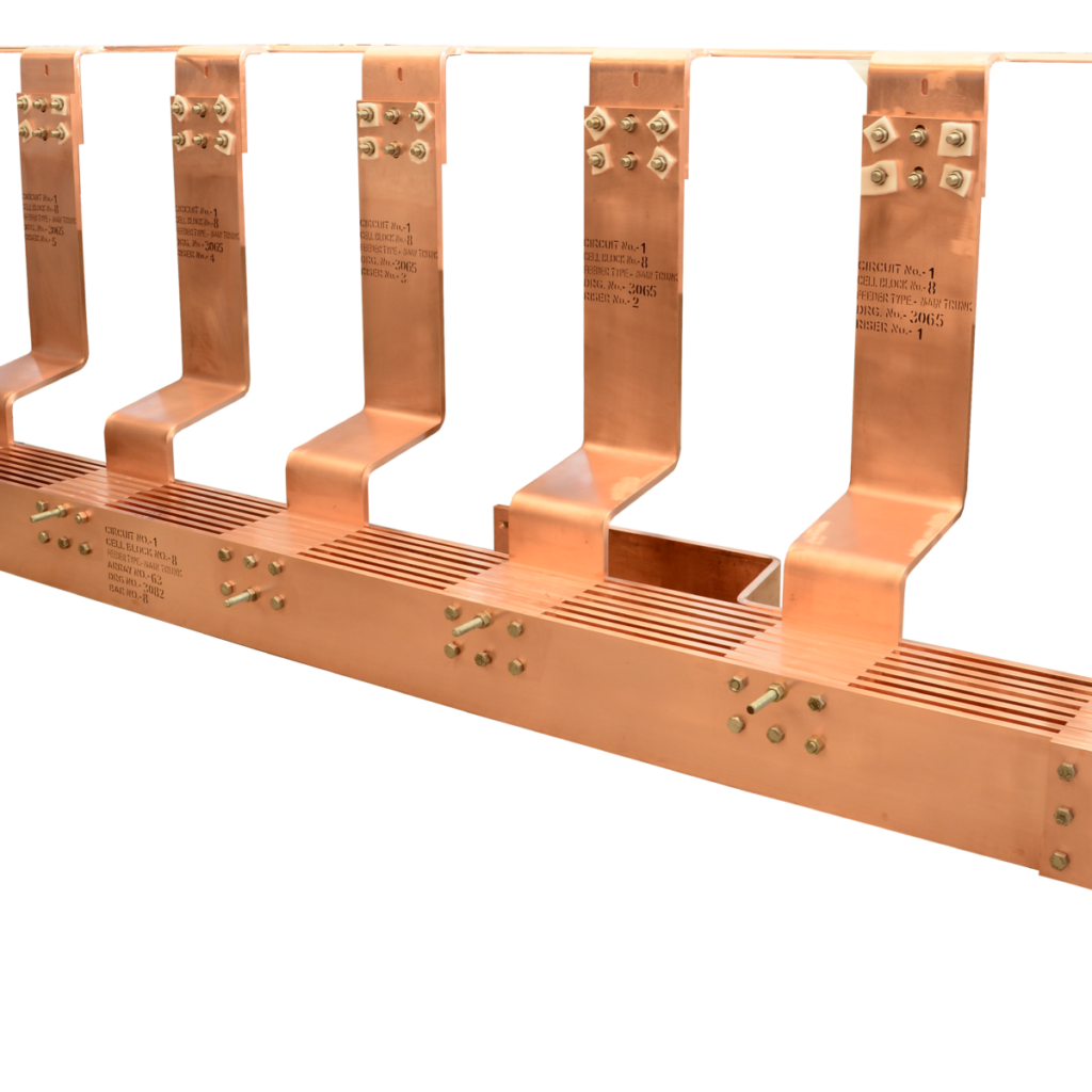 A row of precision-machined copper busbars, showcasing their robust design and mounting features for electrical distribution in power systems.